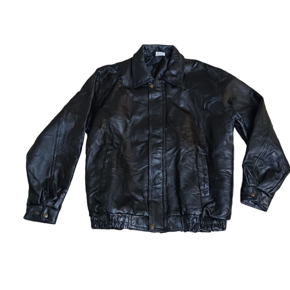 Patchwork Black Leather Men's Bomber Lined Jacket XXL Collared Pockets Vtg Zip